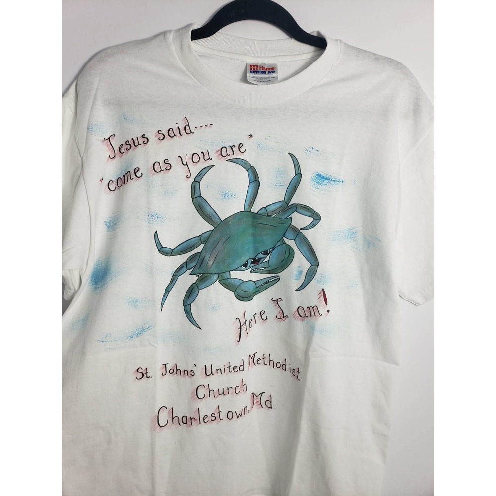 Vintage Hanes Heavyweight White Blue Crab Church T-Shirt Mens Medium Maryland MD